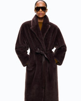 Long faux fur coat with belt - | Pinko