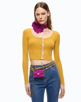 Cropped cardigan in silk and cashmere blend with lace - | Pinko