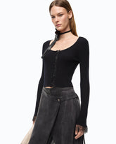 Cropped cardigan in silk and cashmere blend with lace - | Pinko