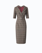 Slim-fit check wool dress with Love Birds belt - Multicolor Beige-Bordeaux-Black | Pinko