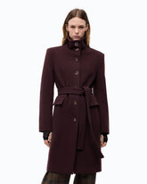 Wool-blend coat with high neck and belt - Bordeaux | Pinko