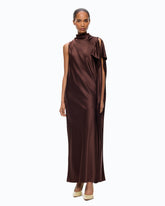 Long, one-shoulder satin dress - Brown | Pinko