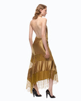 Asymmetric satin midi dress with lace - Beige | Pinko