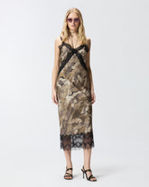 Camouflage midi slip dress with lace - | Pinko