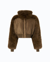 Short technical satin and faux fur bomber jacket - Brown | Pinko