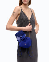 Suede shoulder bucket bag with nappa leather flower - Dark Blue | Pinko