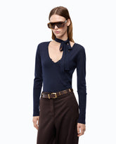 Wool sweater with lace and sash - Dark Blue | Pinko
