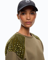 Cotton sweatshirt with rhinestones on the shoulders - Military Green | Pinko