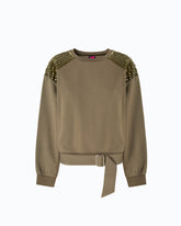 Cotton sweatshirt with rhinestones on the shoulders - Military Green | Pinko