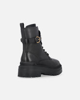 Leather combat boots with branded front strap - | Pinko