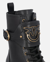 Leather combat boots with branded front strap - | Pinko