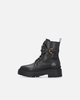 Leather combat boots with branded front strap - | Pinko