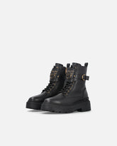 Leather combat boots with branded front strap - | Pinko