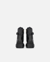 Leather combat boots with branded front strap - | Pinko