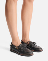 Leather moccasins with jewel details - | Pinko