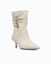 Nappa leather ankle boots with gathered leg shaft and logo - Beige | Pinko