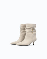 Nappa leather ankle boots with gathered leg shaft and logo - Beige | Pinko