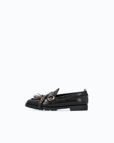Leather moccasins with straps and fringing - Black | Pinko