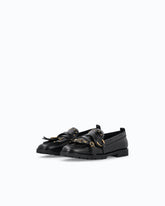 Leather moccasins with straps and fringing - Black | Pinko