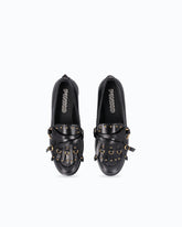 Leather moccasins with straps and fringing - Black | Pinko
