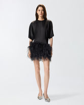 Glossy satin evening dress with feathers -  | Pinko