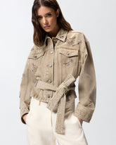 Brown denim jacket with jewel embroidery -  | Pinko