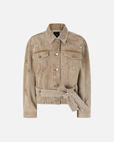 Brown denim jacket with jewel embroidery -  | Pinko