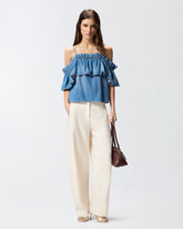 Denim top with ruffle and open shoulders -  | Pinko