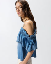 Denim top with ruffle and open shoulders -  | Pinko