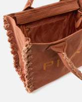 Medium Beach shopping tote in canvas with logo and fraying -  | Pinko