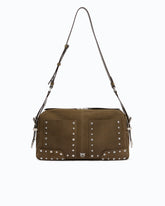 Mittlere Schultertasche Keeper Bag aus Veloursleder mit Patches und Nieten - Braun | Pinko