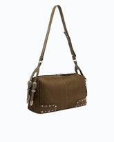 Mittlere Schultertasche Keeper Bag aus Veloursleder mit Patches und Nieten - Braun | Pinko