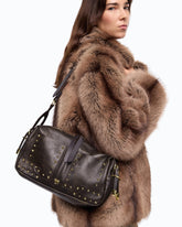Keeper Bag medium shoulder bag in cloud leather with patches and studs - Dark Red | Pinko