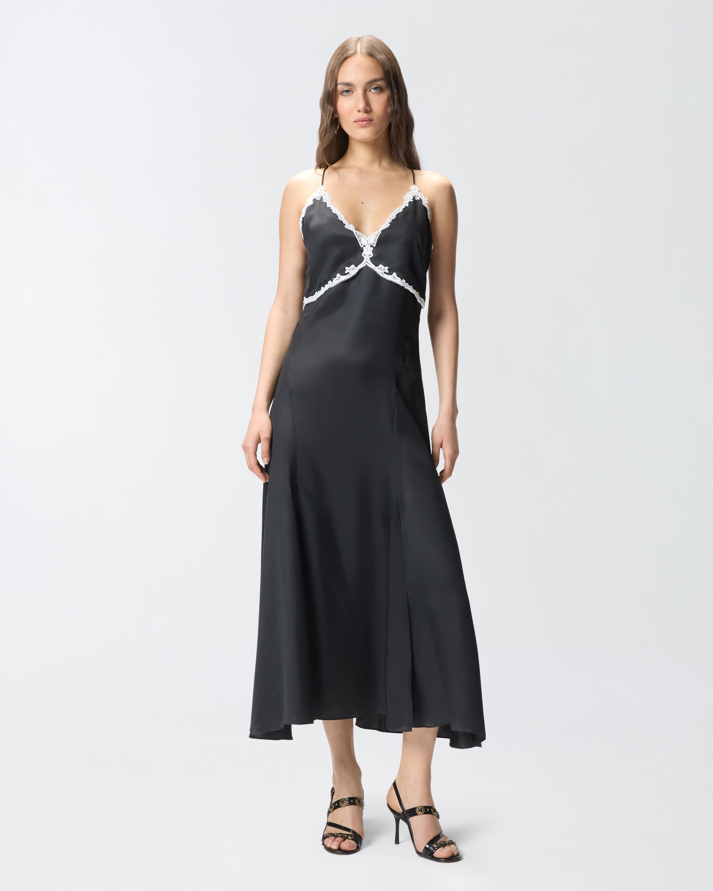 pinko black lace dress Floral lace dress with plunging rear neckline