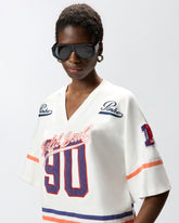 Cropped T-shirt with V-neck and branded patches -  | Pinko