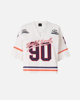 Cropped T-shirt with V-neck and branded patches -  | Pinko