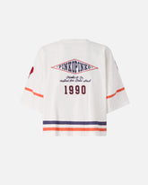 Cropped T-shirt with V-neck and branded patches -  | Pinko