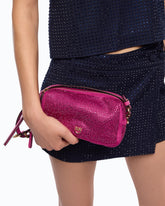 Fully rhinestoned mini suede-effect crossbody Boston bag - Pink | Pinko