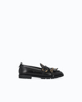 Leather moccasins with straps and fringing - Black | Pinko
