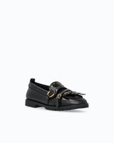 Leather moccasins with straps and fringing - Black | Pinko