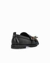 Leather moccasins with straps and fringing - Black | Pinko