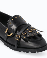 Leather moccasins with straps and fringing - Black | Pinko