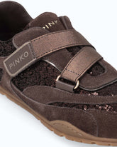 Suede and sequin sneakers with hook-and-loop fastening - Brown | Pinko